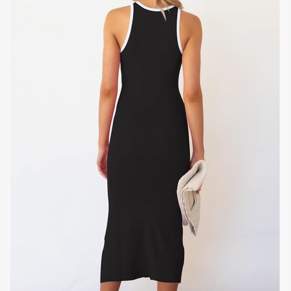 Women's Cutout Crew Neck Sleeveless Tank Slit Ribbed Bodycon Midi Dress - Picture 2 of 5